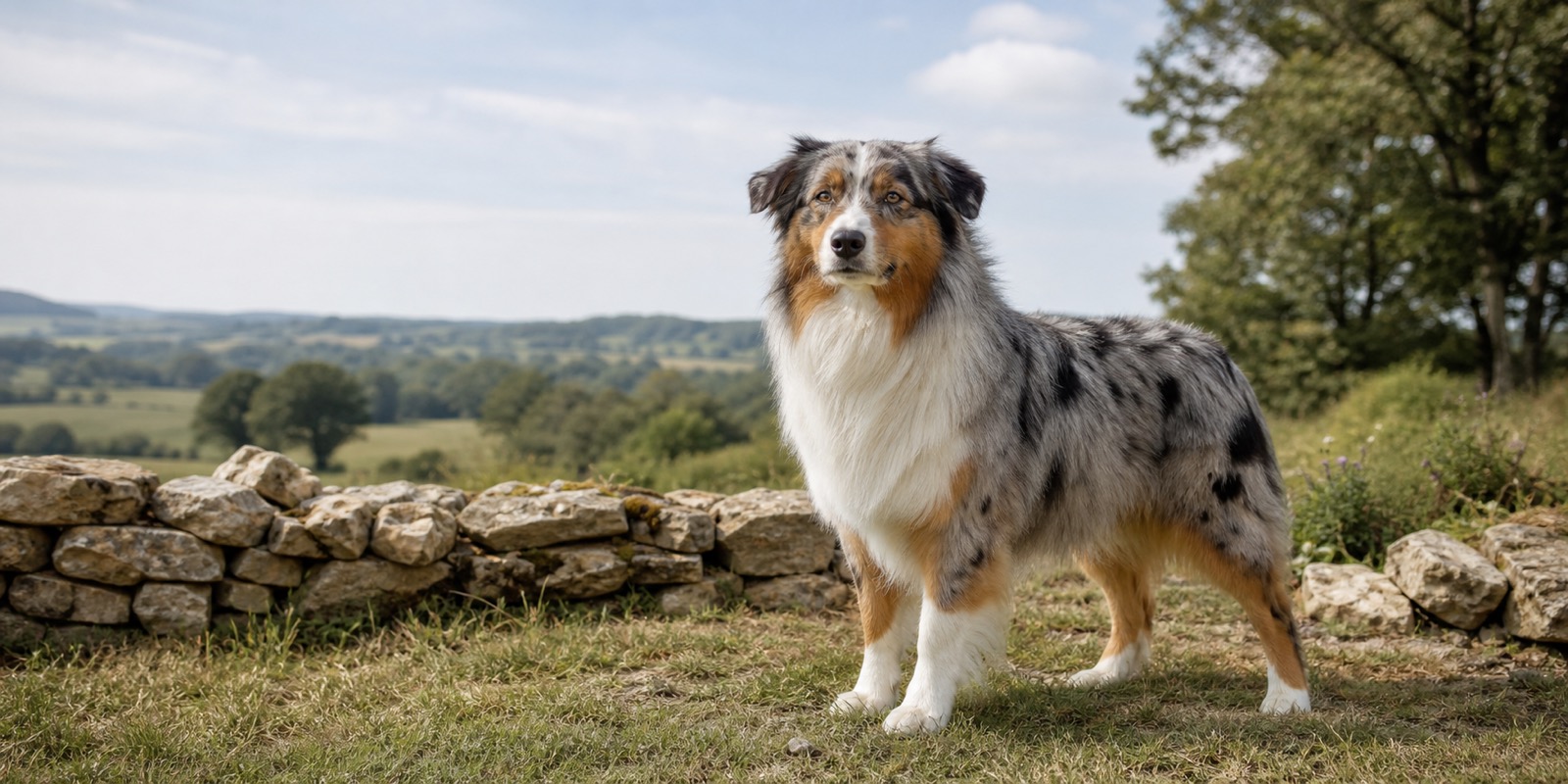Berger Australien bleu merle attentif en extérieur, robe marbrée typique de la race